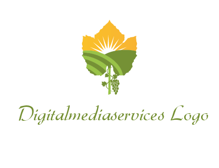 leaf shape cutout of sun and grape farm vineyard logo