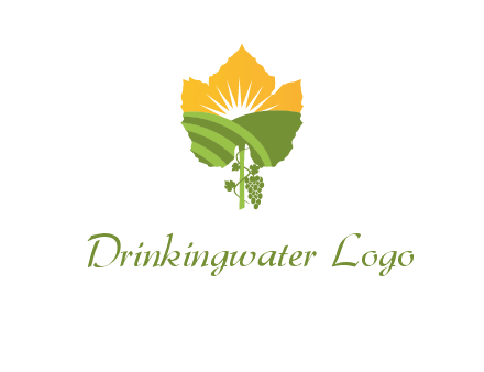 leaf shape cutout of sun and grape farm vineyard logo