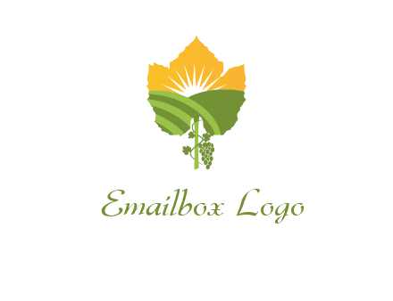 leaf shape cutout of sun and grape farm vineyard logo