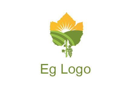 leaf shape cutout of sun and grape farm vineyard logo