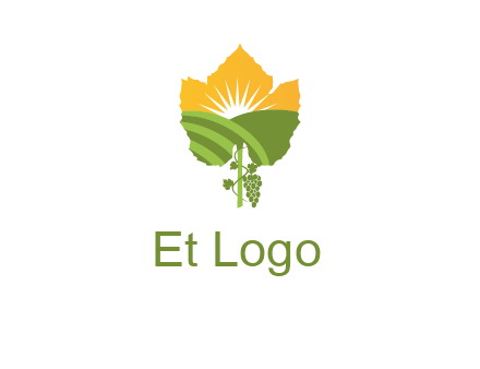 leaf shape cutout of sun and grape farm vineyard logo