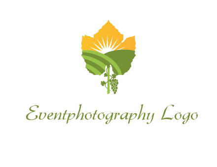 leaf shape cutout of sun and grape farm vineyard logo