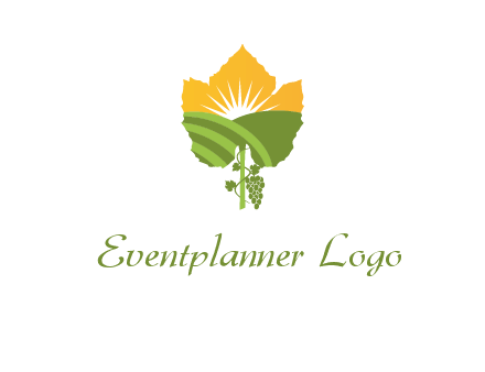 leaf shape cutout of sun and grape farm vineyard logo