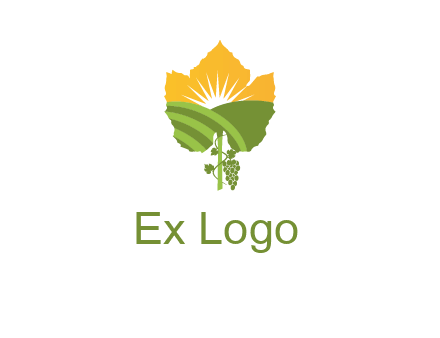 leaf shape cutout of sun and grape farm vineyard logo