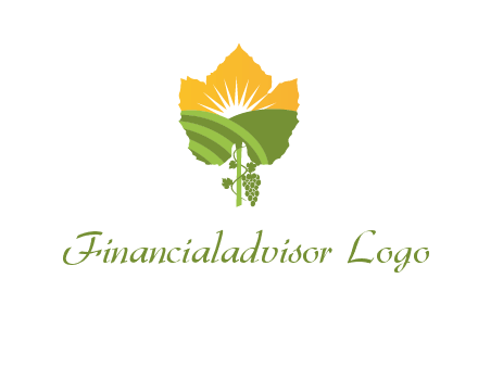 leaf shape cutout of sun and grape farm vineyard logo