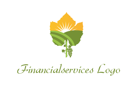 leaf shape cutout of sun and grape farm vineyard logo