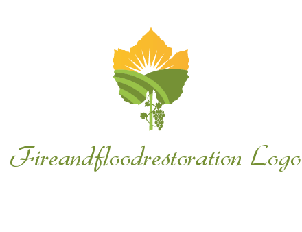 leaf shape cutout of sun and grape farm vineyard logo