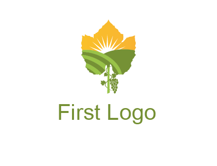 leaf shape cutout of sun and grape farm vineyard logo