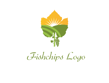leaf shape cutout of sun and grape farm vineyard logo