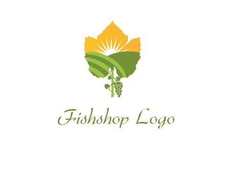 leaf shape cutout of sun and grape farm vineyard logo