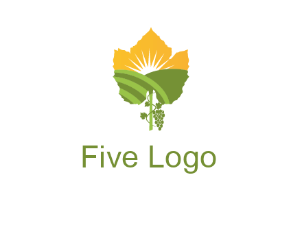 leaf shape cutout of sun and grape farm vineyard logo