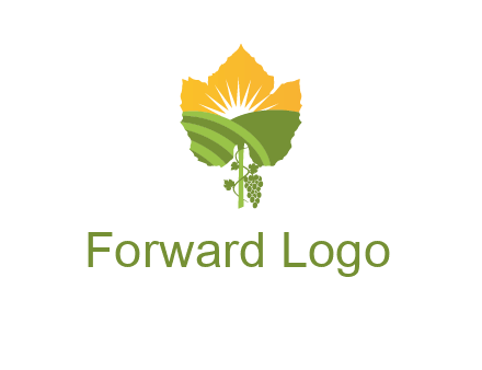 leaf shape cutout of sun and grape farm vineyard logo