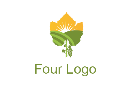 leaf shape cutout of sun and grape farm vineyard logo