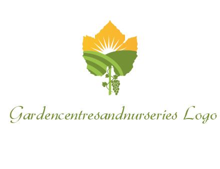 leaf shape cutout of sun and grape farm vineyard logo