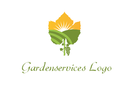 leaf shape cutout of sun and grape farm vineyard logo