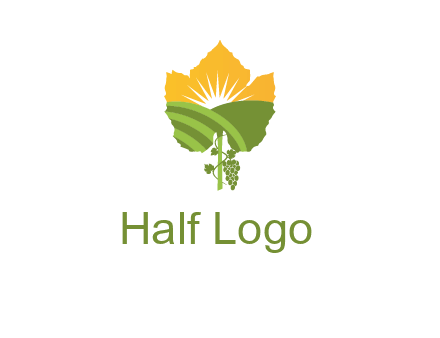 leaf shape cutout of sun and grape farm vineyard logo