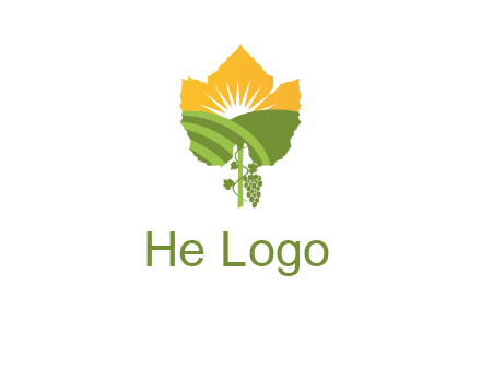leaf shape cutout of sun and grape farm vineyard logo