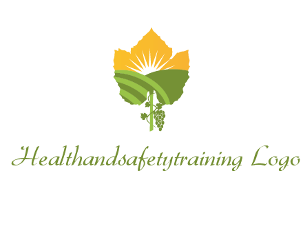leaf shape cutout of sun and grape farm vineyard logo