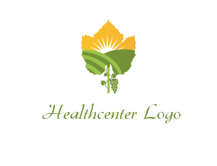 leaf shape cutout of sun and grape farm vineyard logo