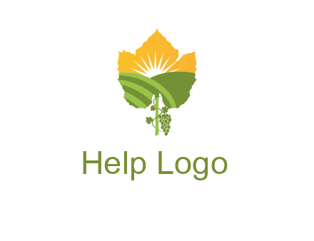 leaf shape cutout of sun and grape farm vineyard logo