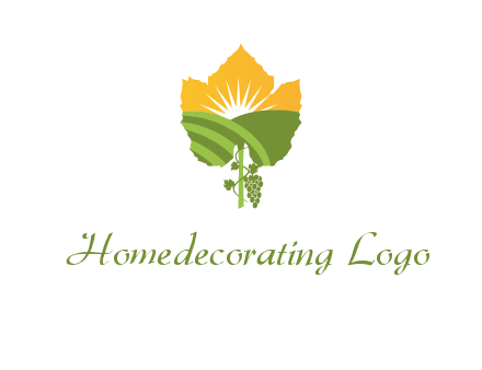 leaf shape cutout of sun and grape farm vineyard logo