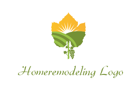 leaf shape cutout of sun and grape farm vineyard logo