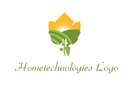 leaf shape cutout of sun and grape farm vineyard logo