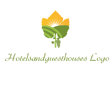 leaf shape cutout of sun and grape farm vineyard logo