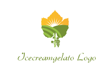 leaf shape cutout of sun and grape farm vineyard logo