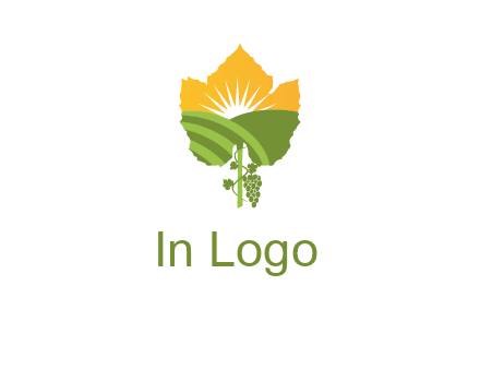 leaf shape cutout of sun and grape farm vineyard logo