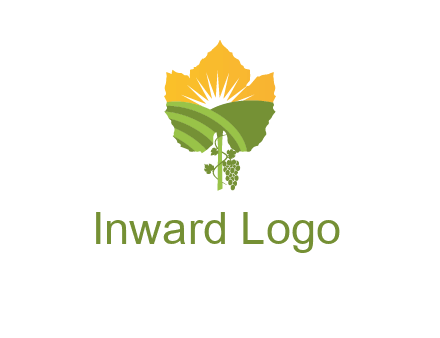 leaf shape cutout of sun and grape farm vineyard logo