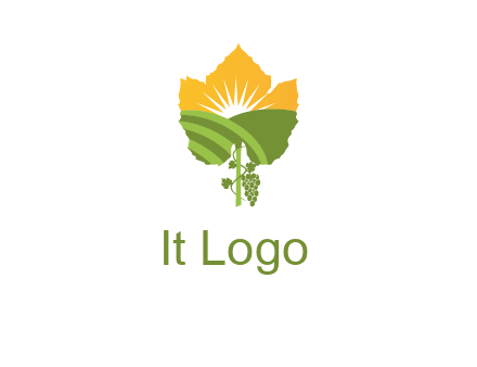 leaf shape cutout of sun and grape farm vineyard logo