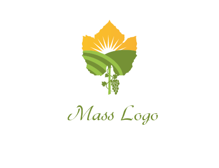 leaf shape cutout of sun and grape farm vineyard logo