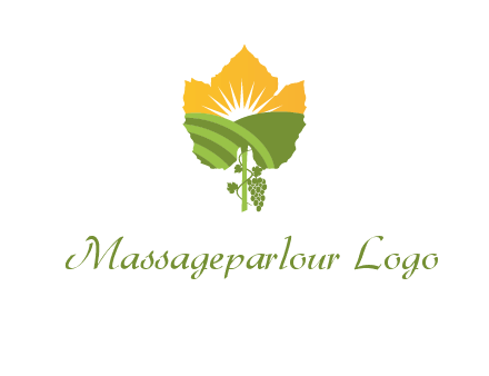 leaf shape cutout of sun and grape farm vineyard logo