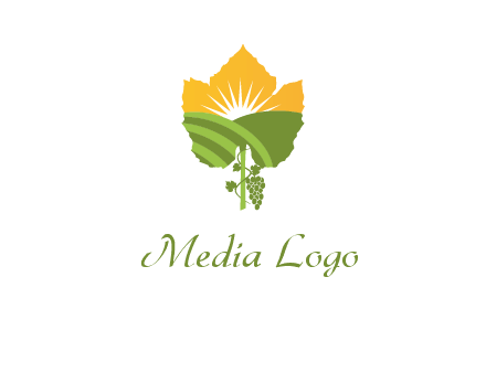 leaf shape cutout of sun and grape farm vineyard logo