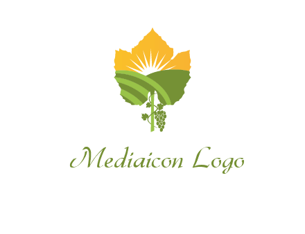 leaf shape cutout of sun and grape farm vineyard logo