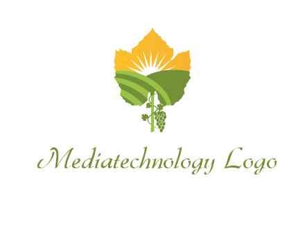 leaf shape cutout of sun and grape farm vineyard logo
