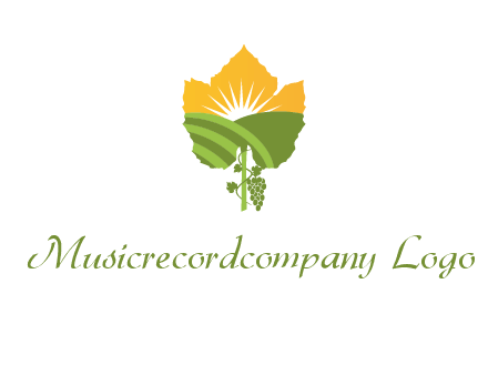 leaf shape cutout of sun and grape farm vineyard logo