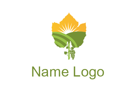 leaf shape cutout of sun and grape farm vineyard logo