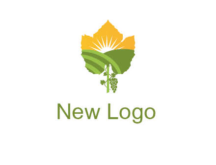 leaf shape cutout of sun and grape farm vineyard logo