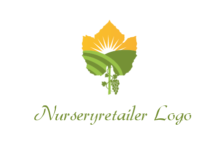 leaf shape cutout of sun and grape farm vineyard logo