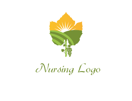 leaf shape cutout of sun and grape farm vineyard logo