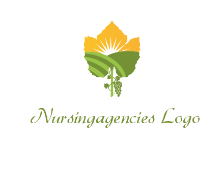 leaf shape cutout of sun and grape farm vineyard logo