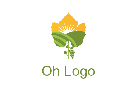leaf shape cutout of sun and grape farm vineyard logo