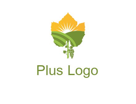 leaf shape cutout of sun and grape farm vineyard logo