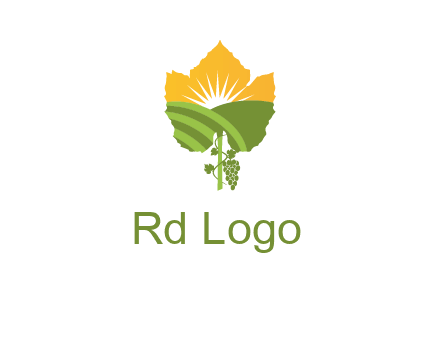 leaf shape cutout of sun and grape farm vineyard logo