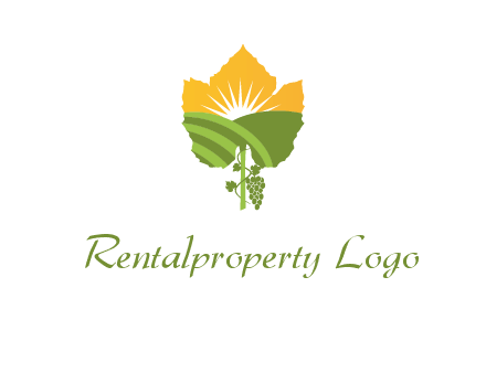 leaf shape cutout of sun and grape farm vineyard logo