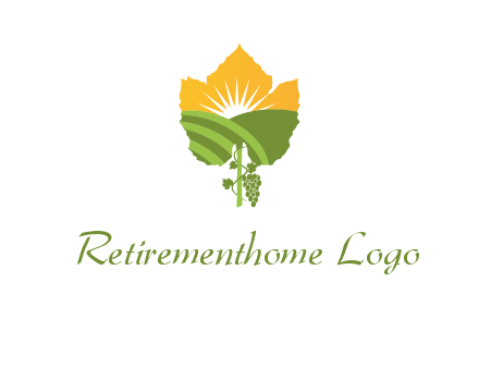 leaf shape cutout of sun and grape farm vineyard logo