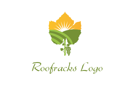 leaf shape cutout of sun and grape farm vineyard logo