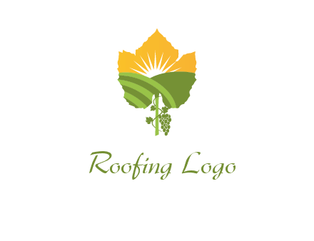 leaf shape cutout of sun and grape farm vineyard logo